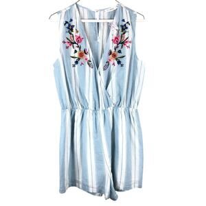 Blu Pepper Blue White Striped Embroidered Floral Deep V Neck Sleeveless Romper